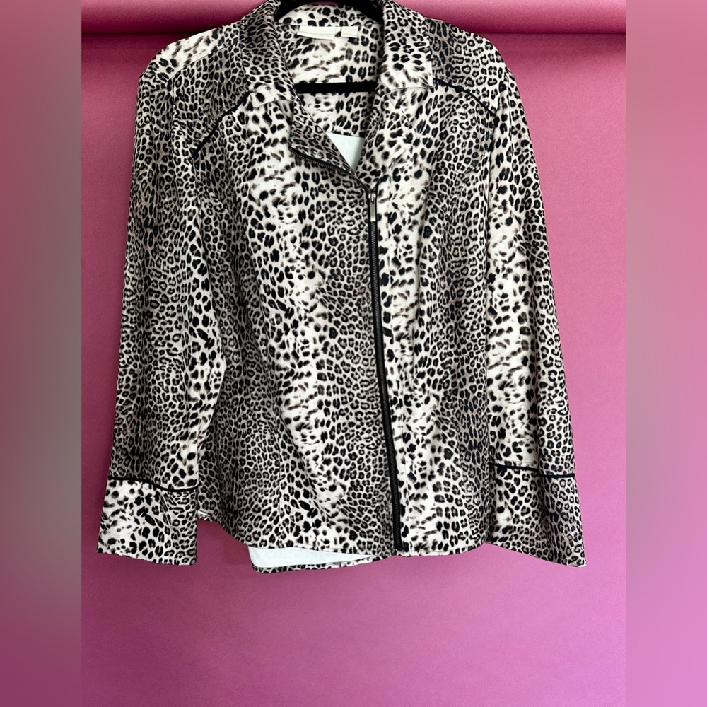 Chico’s Woman’s Animal Print Jacket with Asymmetrical Zipper. Size 3.